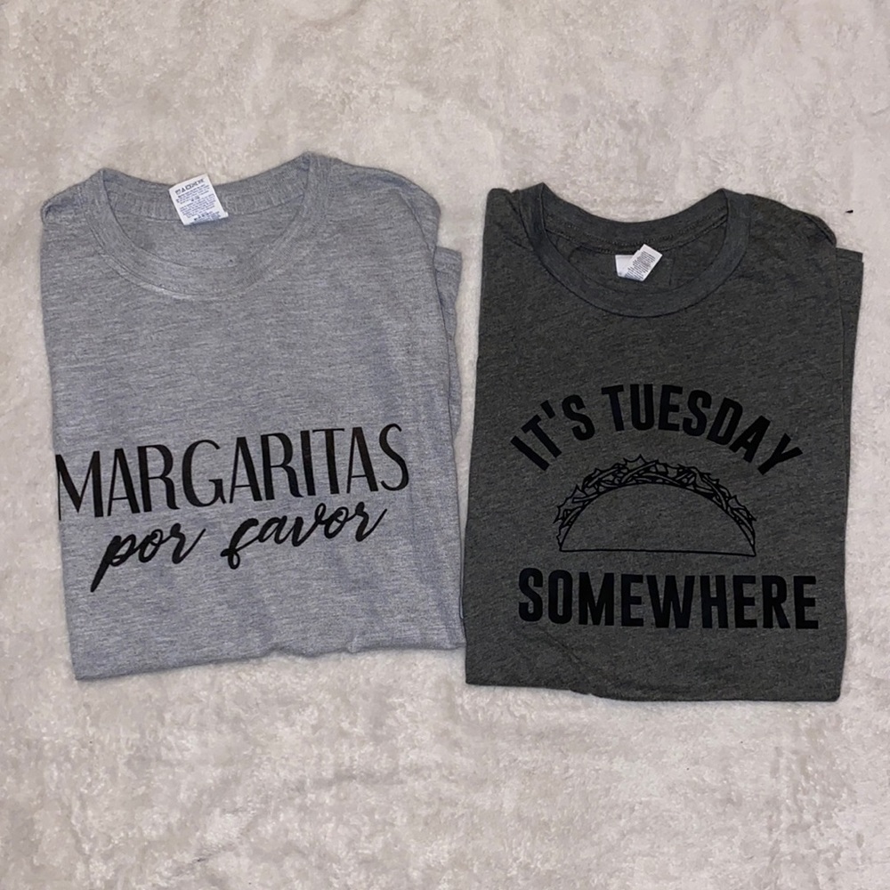 two graphic tees.